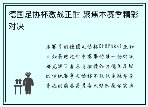 德国足协杯激战正酣 聚焦本赛季精彩对决