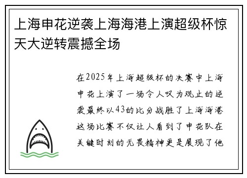 上海申花逆袭上海海港上演超级杯惊天大逆转震撼全场