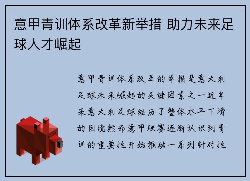 意甲青训体系改革新举措 助力未来足球人才崛起