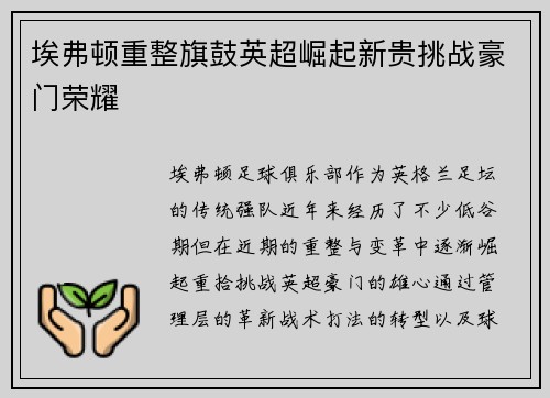 埃弗顿重整旗鼓英超崛起新贵挑战豪门荣耀